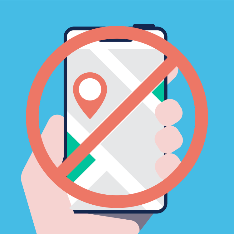 Ein roter Kreis mit einem Strich dar&uuml;ber, der &uuml;ber einer Hand mit einem Handy liegt, auf dem ein Standort-Pin zu sehen ist.